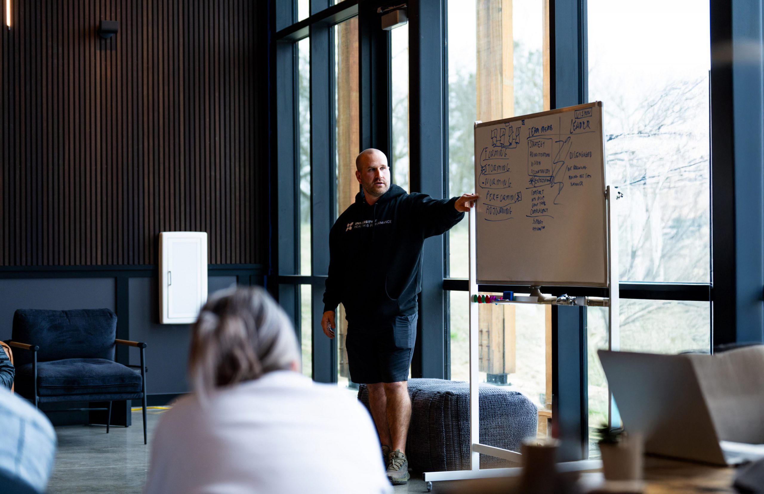 b55cc535e56960f15a3a48e6208c256f9c194ecc-scaled A man in casual clothes stands by a whiteboard, pointing at notes, while a seated person listens in a modern room with large windows and natural light.